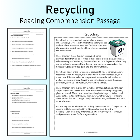 Recycling | Reading Comprehension Passage Printable Worksheet