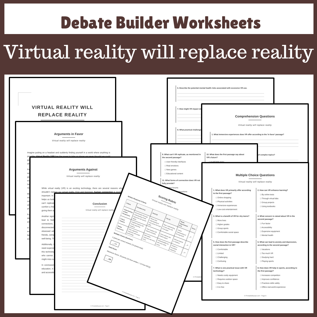 Virtual reality will replace reality | Favour and Against Worksheet Printable Activity