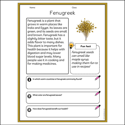 Fenugreek | Reading Passage Comprehension Questions Writing Facts Worksheet