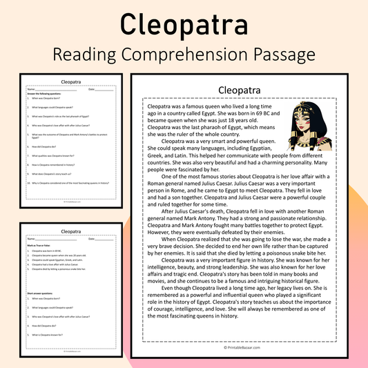 Cleopatra | Reading Comprehension Passage Printable Activity
