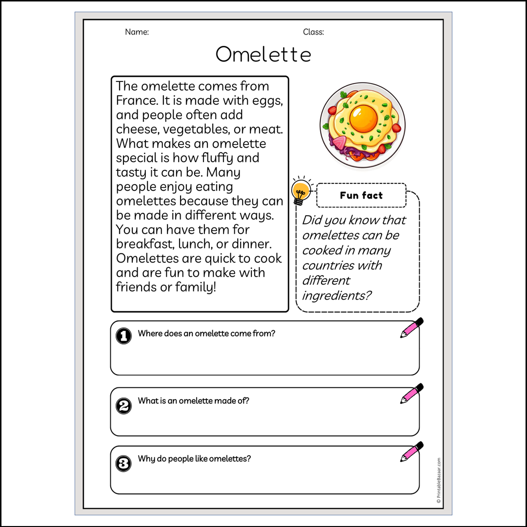 Omelette | Reading Passage Comprehension Questions Writing Facts Worksheet