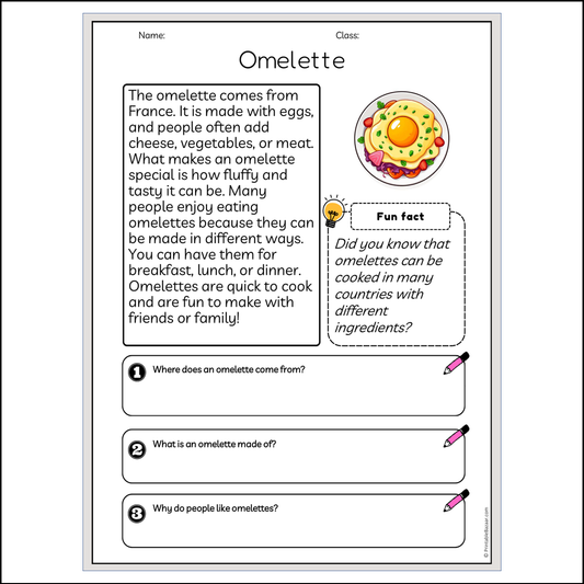 Omelette | Reading Passage Comprehension Questions Writing Facts Worksheet