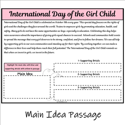 International Day of the Girl Child | Main Idea and Supporting Details Reading Passage and Questions