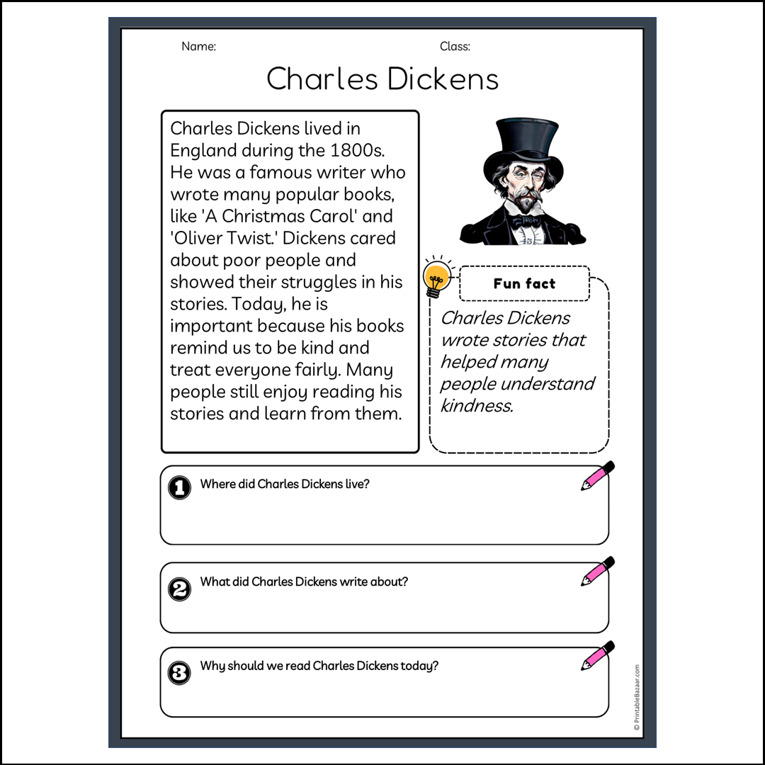 Charles Dickens | Reading Passage Comprehension Questions Writing Facts Worksheet