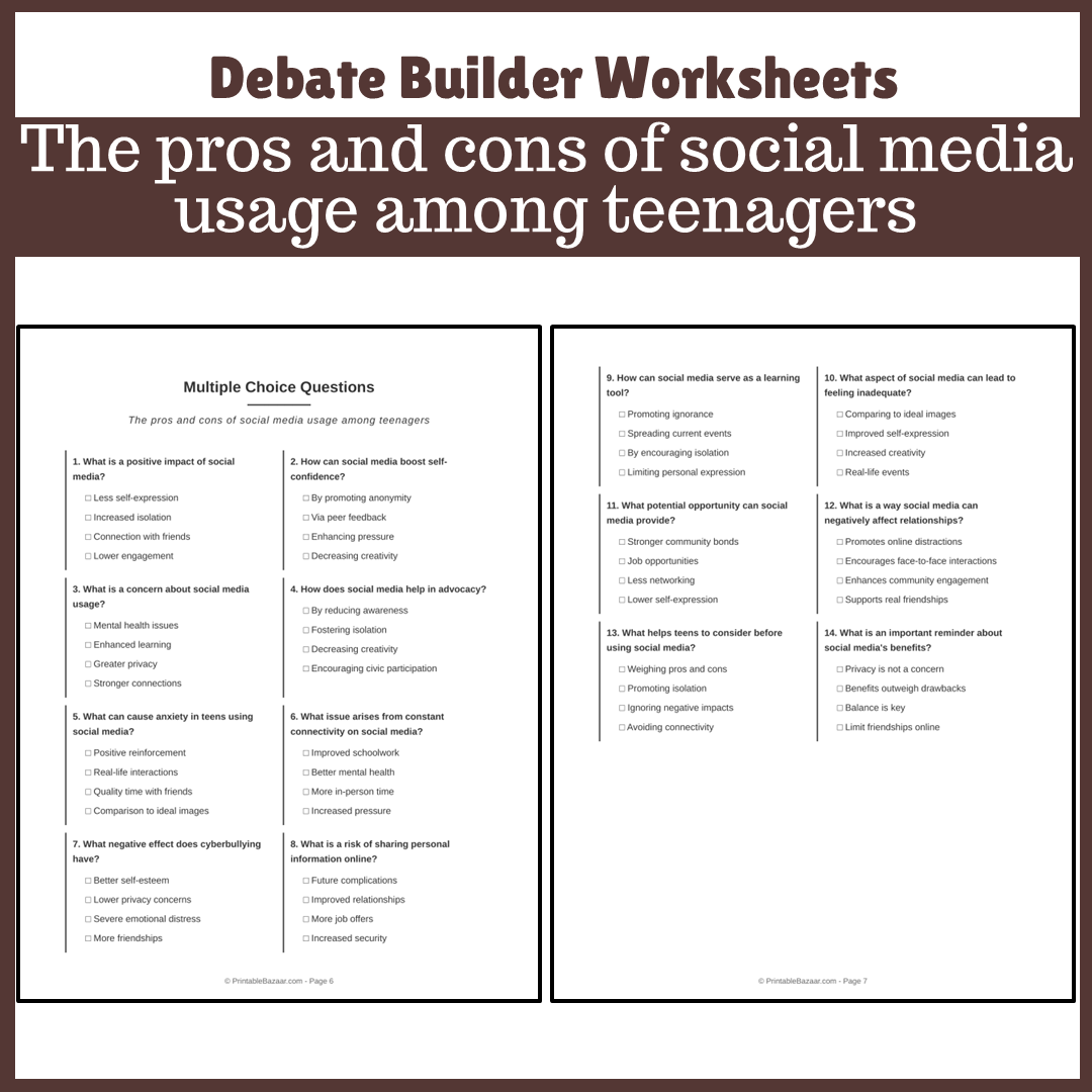 The pros and cons of social media usage among teenagers | Favour and Against Worksheet Printable Activity