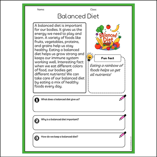 Balanced Diet | Reading Passage Comprehension Questions Writing Facts Worksheet