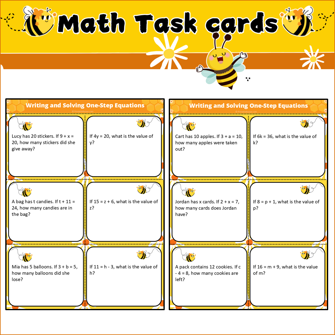 Writing and Solving One-Step Equations | Math Task Cards