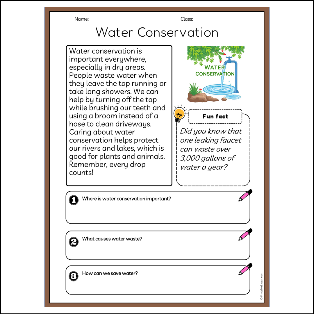 Water Conservation | Reading Passage Comprehension Questions Writing Facts Worksheet