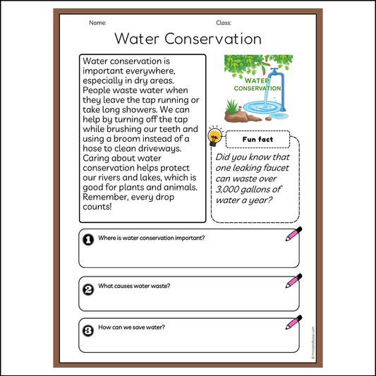 Water Conservation | Reading Passage Comprehension Questions Writing Facts Worksheet