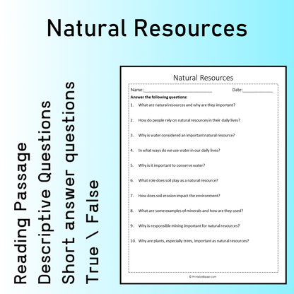 Natural Resources | Reading Comprehension Passage Printable Worksheet