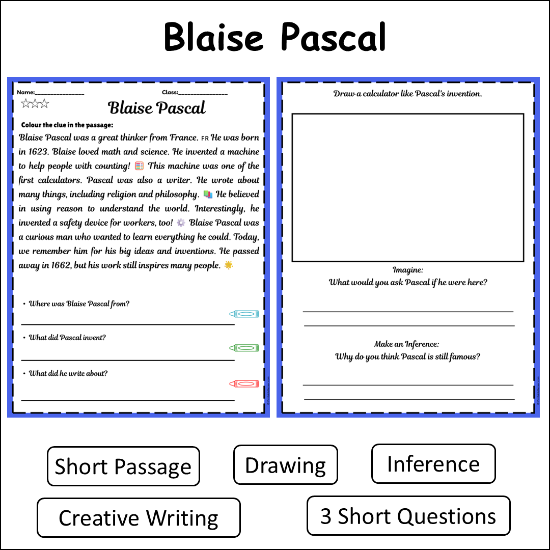 Blaise Pascal | Short Reading Comprehension Creative Worksheet