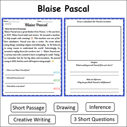 Blaise Pascal | Short Reading Comprehension Creative Worksheet
