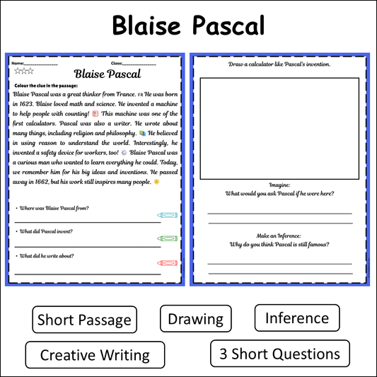 Blaise Pascal | Short Reading Comprehension Creative Worksheet