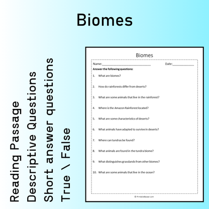 Biomes | Reading Comprehension Passage Printable Worksheet