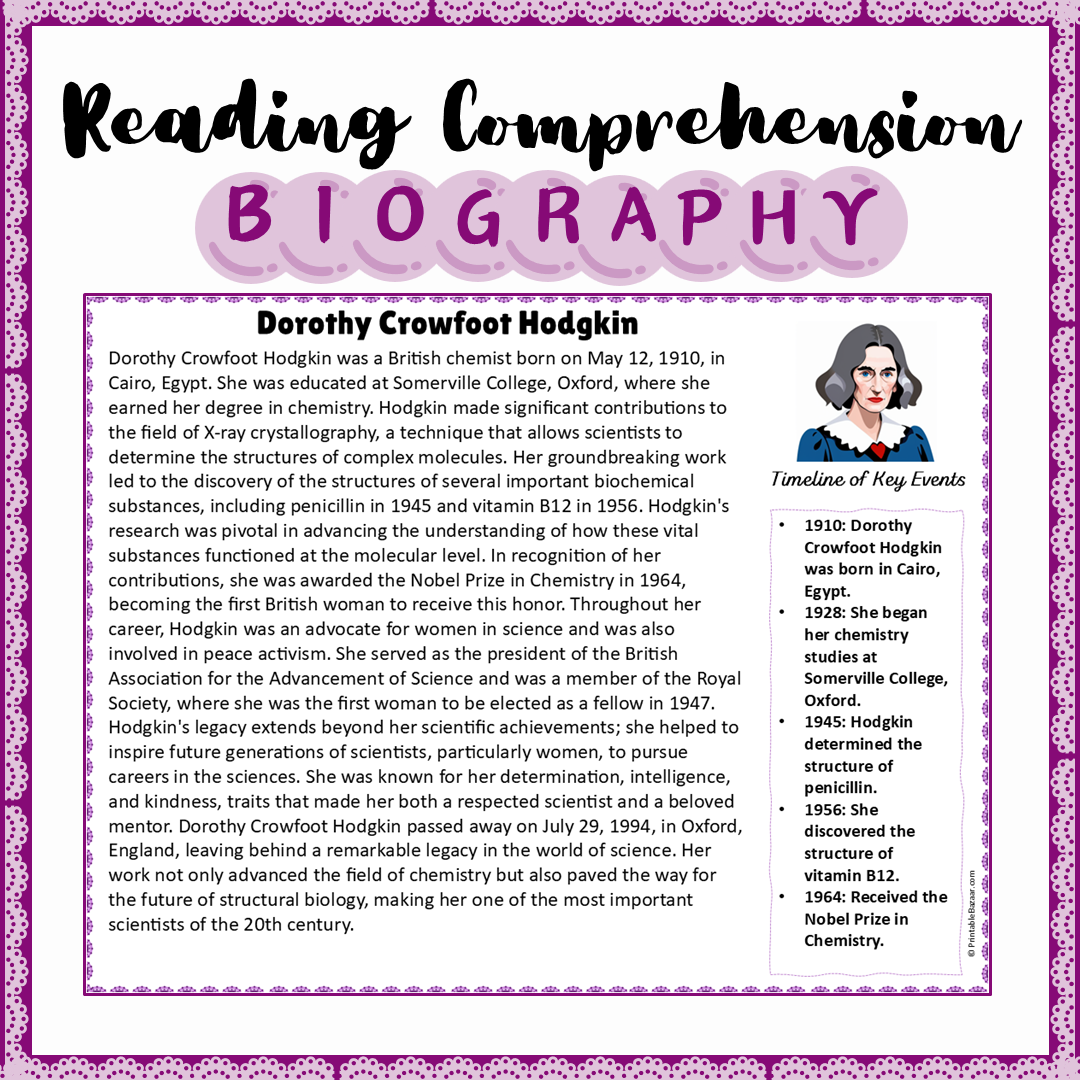 Dorothy Crowfoot Hodgkin | Biography Reading Comprehension and Questions Worksheet