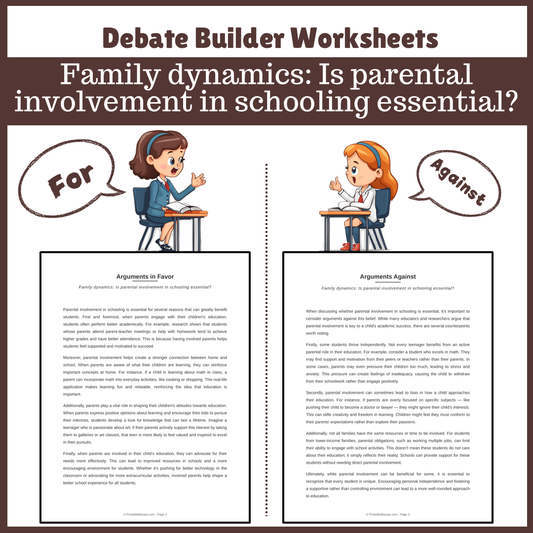 Family dynamics: Is parental involvement in schooling essential? | Favour and Against Worksheet Printable Activity