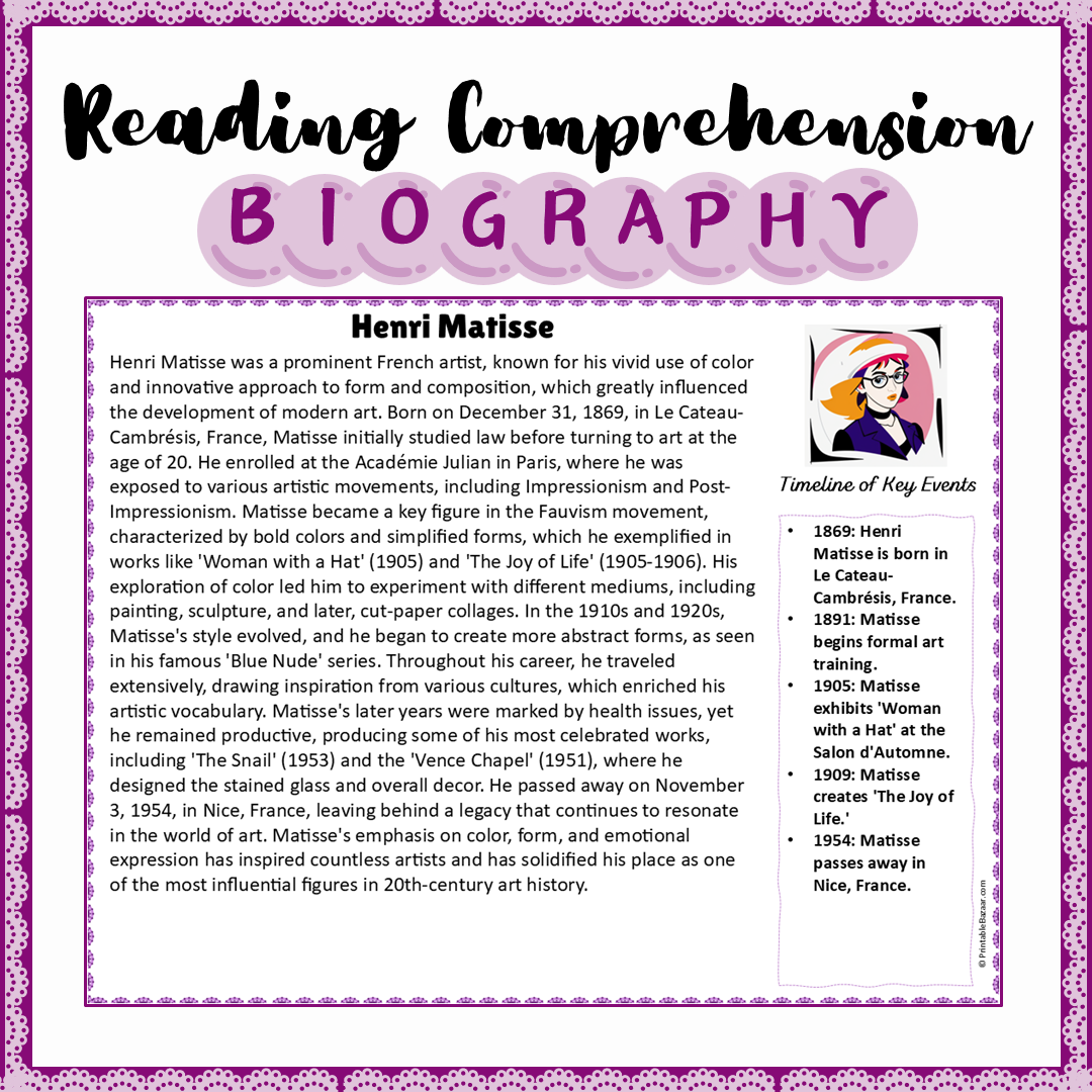 Henri Matisse | Biography Reading Comprehension and Questions Worksheet