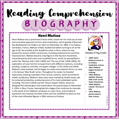 Henri Matisse | Biography Reading Comprehension and Questions Worksheet