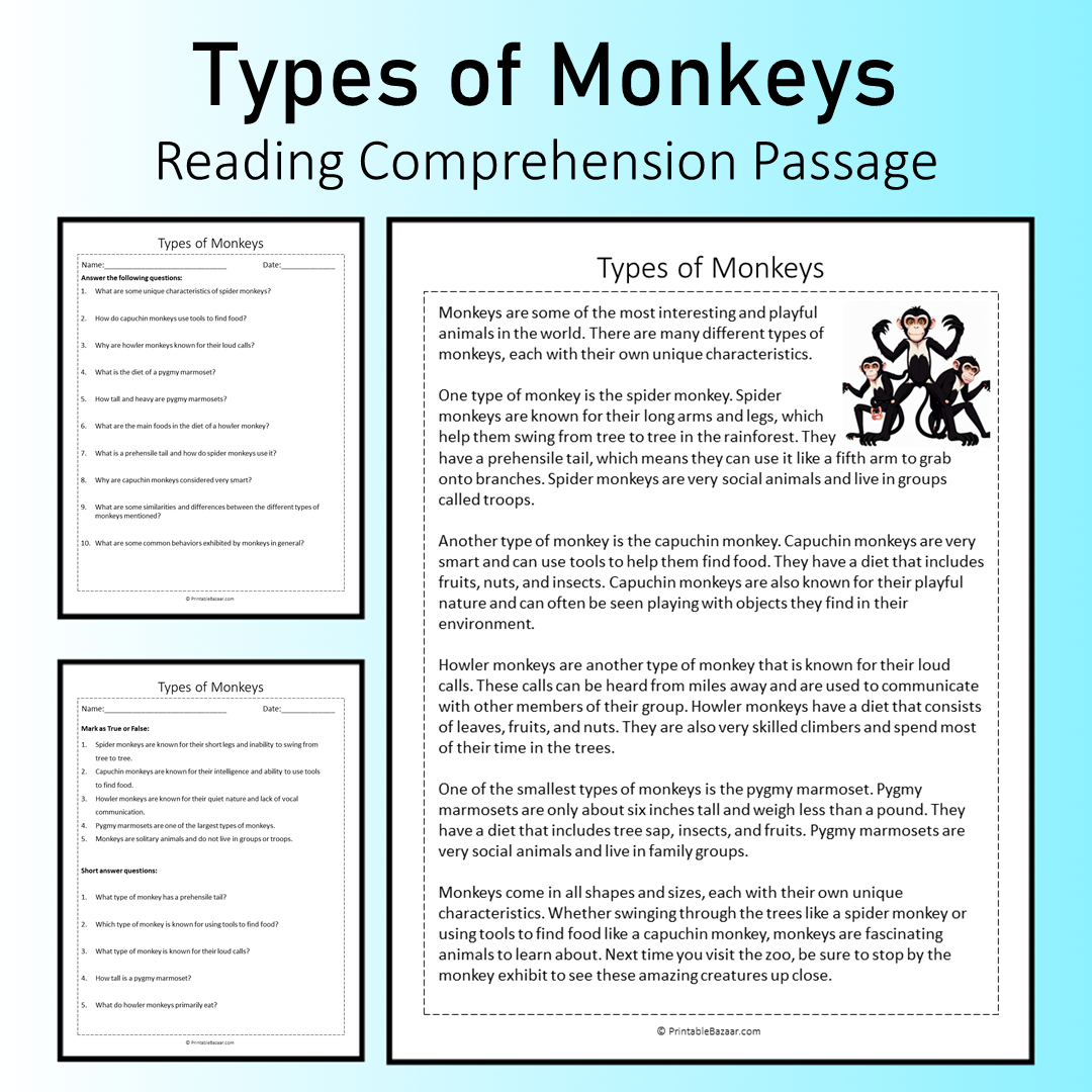 Types of Monkeys | Reading Comprehension Passage Printable Worksheet