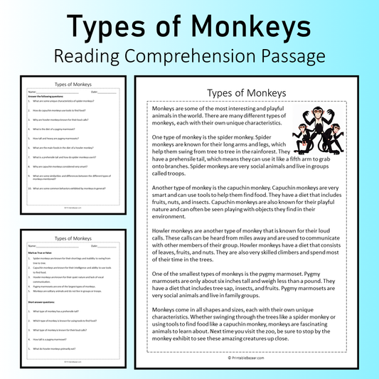 Types of Monkeys | Reading Comprehension Passage Printable Worksheet