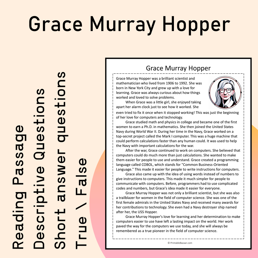 Grace Murray Hopper | Reading Comprehension Passage Printable Activity