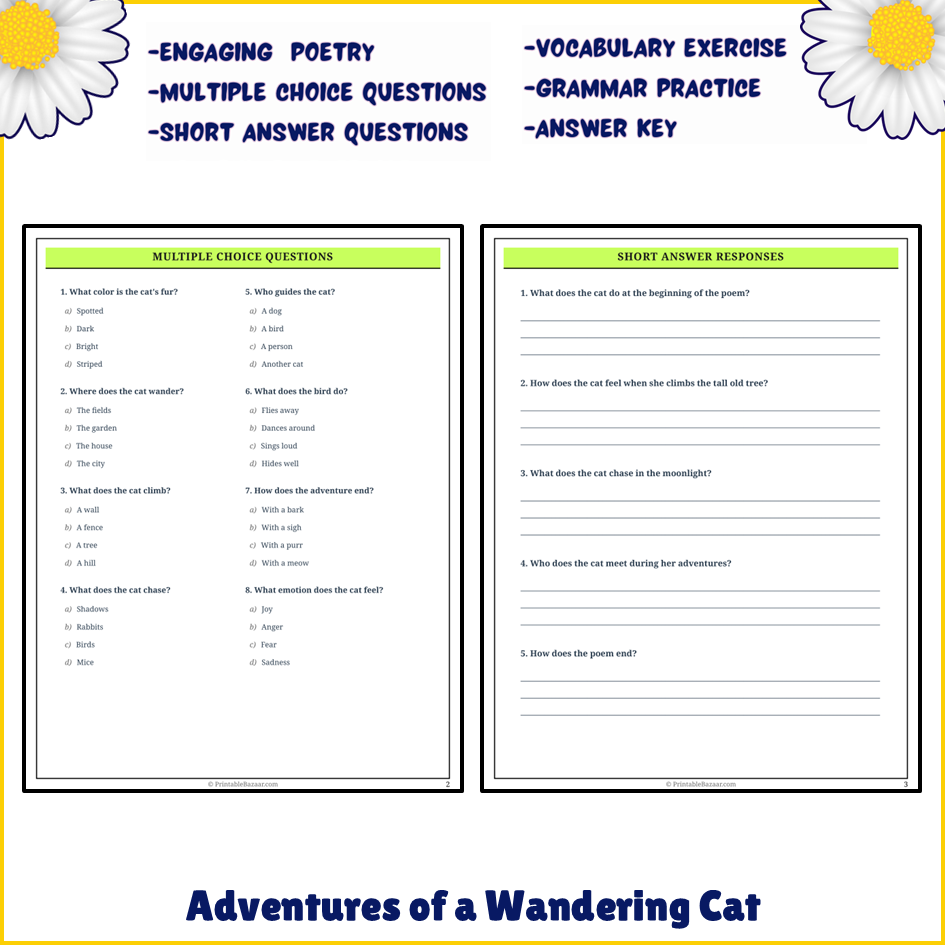 Adventures of a Wandering Cat | Poem Grammar Worksheet Printable Activity