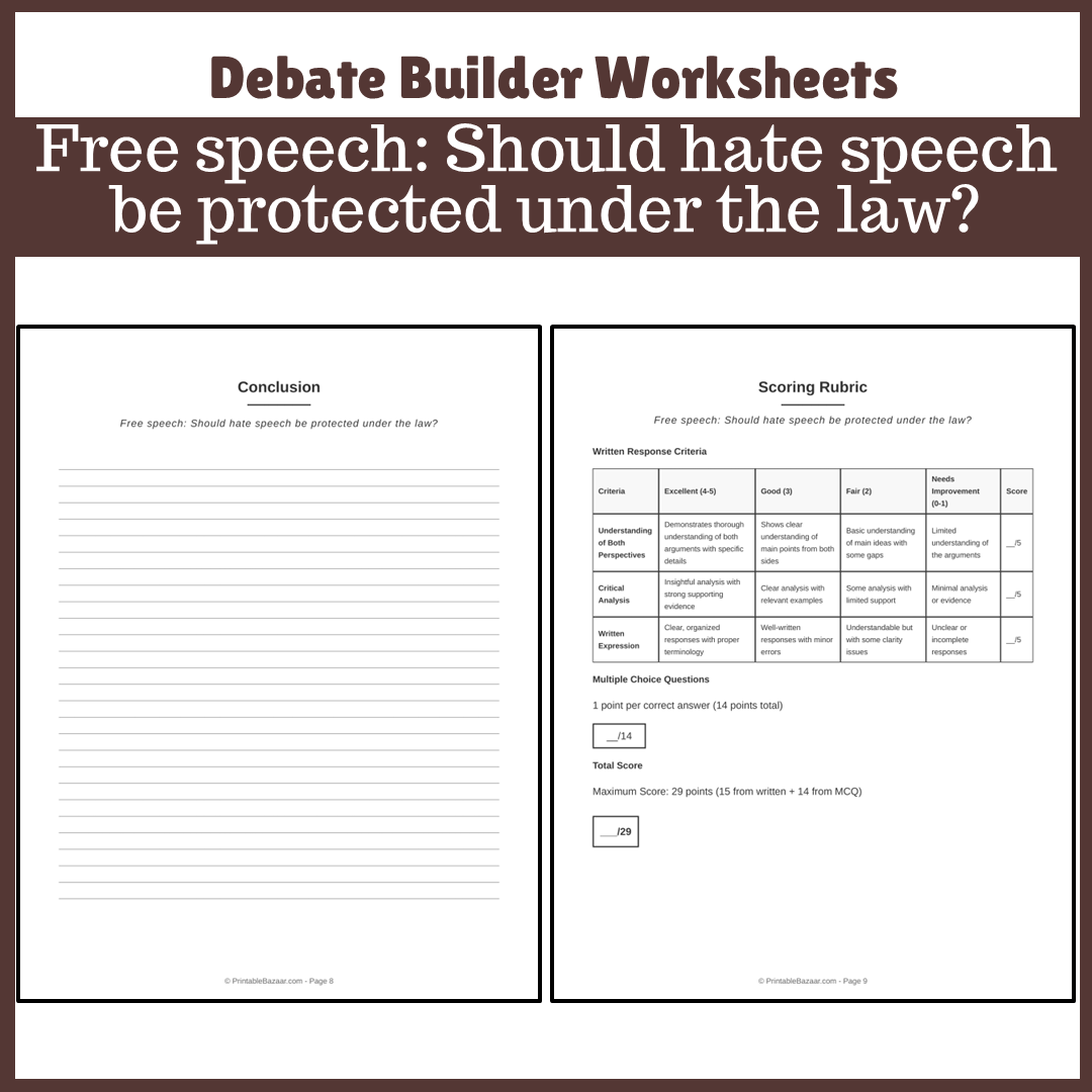 Free speech: Should hate speech be protected under the law? | Favour and Against Worksheet Printable Activity