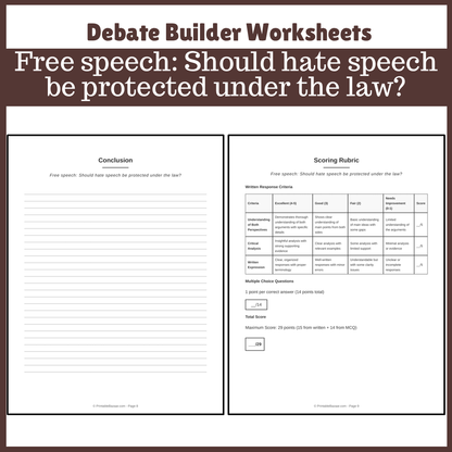 Free speech: Should hate speech be protected under the law? | Favour and Against Worksheet Printable Activity