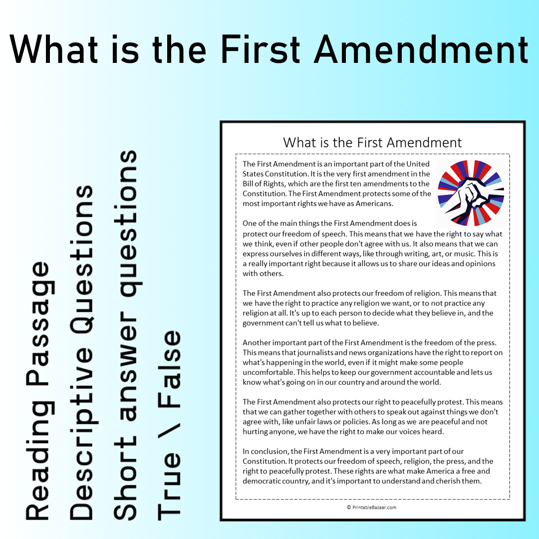 What is the First Amendment | Reading Comprehension Passage Printable Worksheet