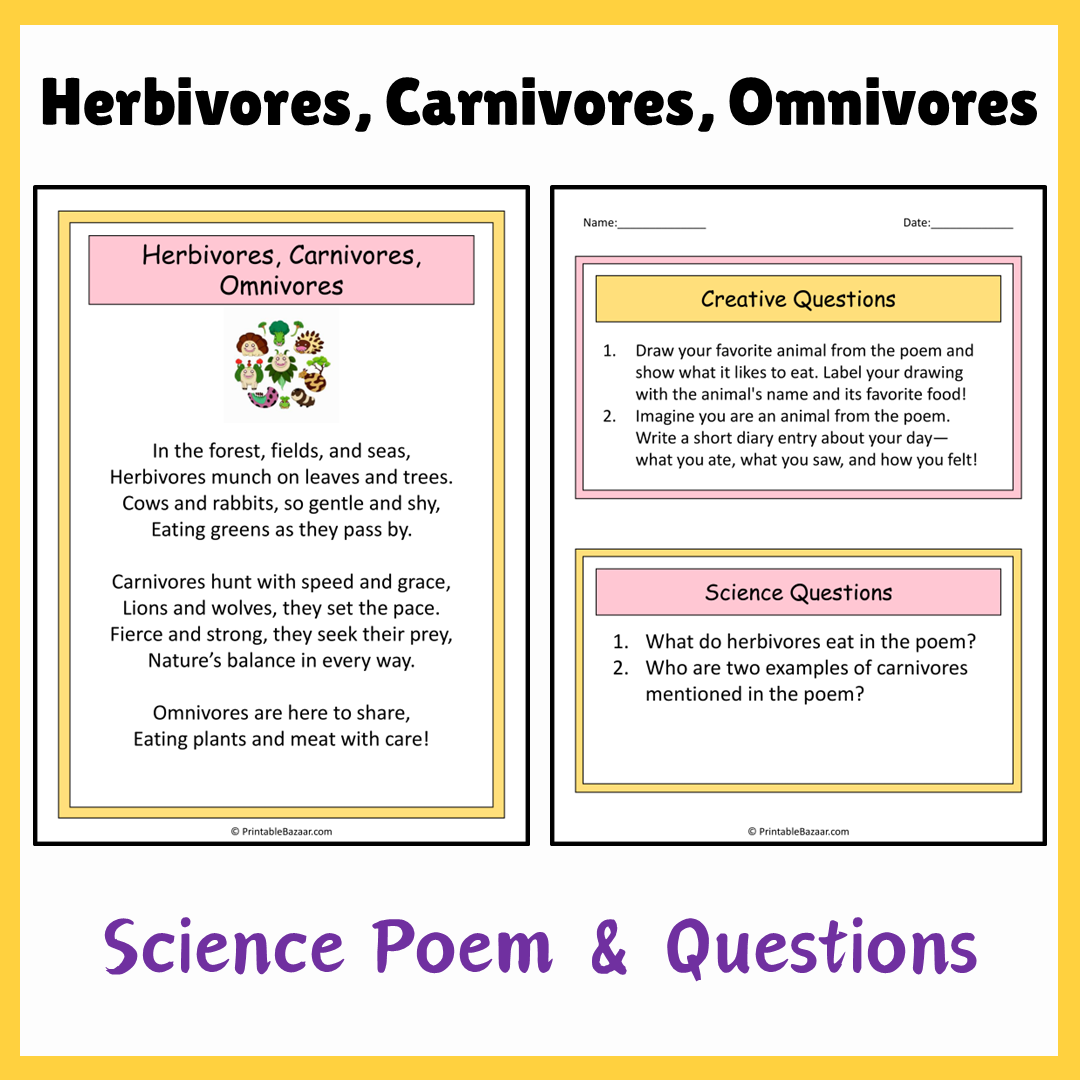 Herbivores, Carnivores, Omnivores | Science Poem Reading Comprehension Activity