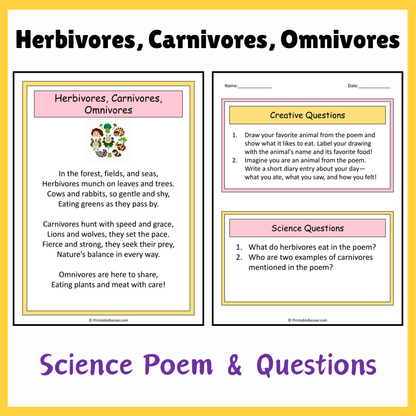 Herbivores, Carnivores, Omnivores | Science Poem Reading Comprehension Activity