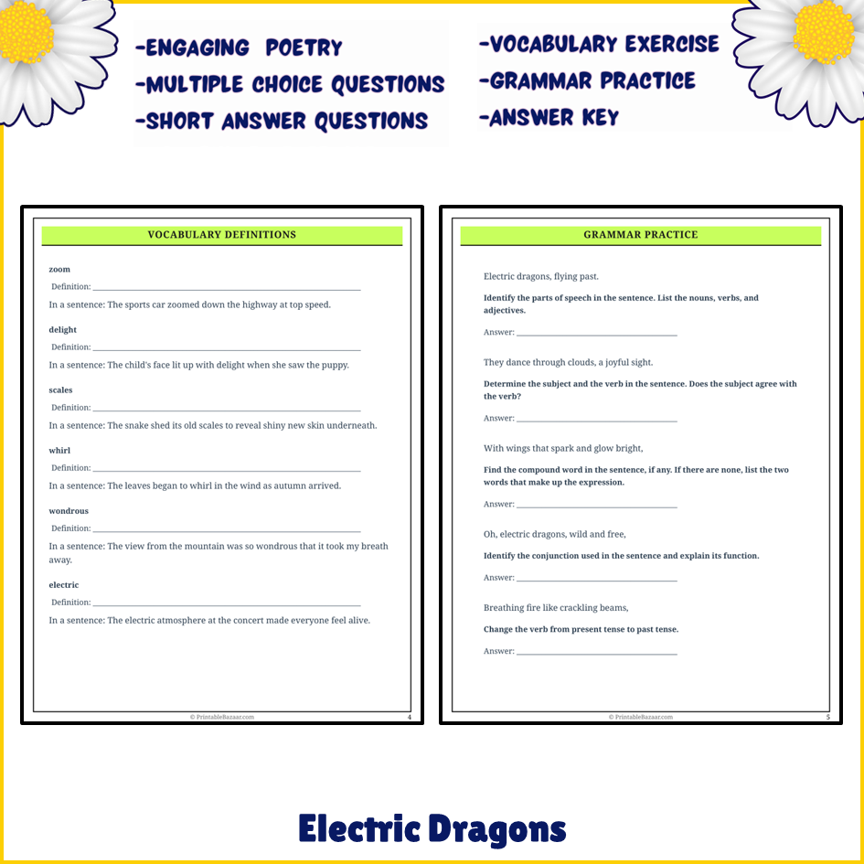 Electric Dragons | Poem Grammar Worksheet Printable Activity