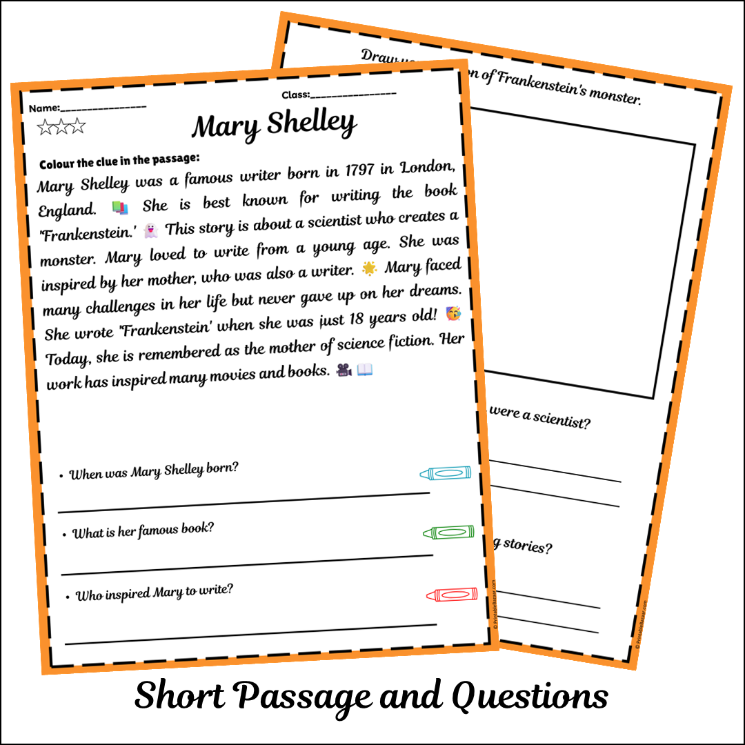 Mary Shelley | Short Reading Comprehension Creative Worksheet