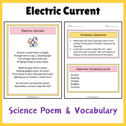 Electric Current | Science Poem Reading Comprehension Activity