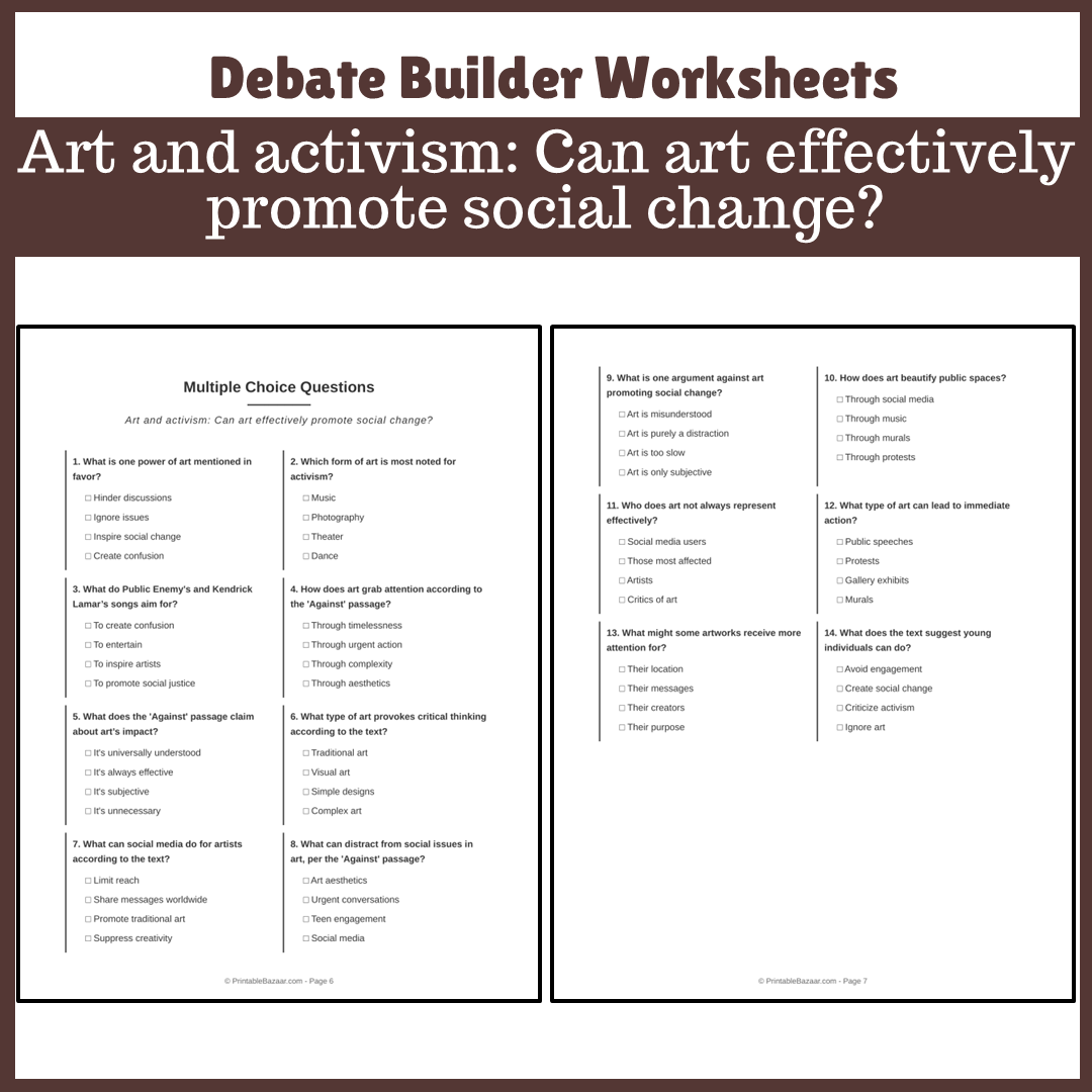 Art and activism: Can art effectively promote social change? | Favour and Against Worksheet Printable Activity