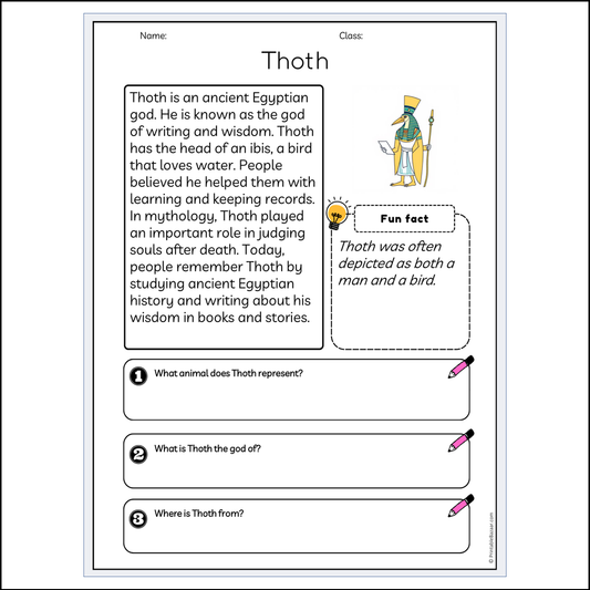 Thoth | Reading Passage Comprehension Questions Writing Facts Worksheet