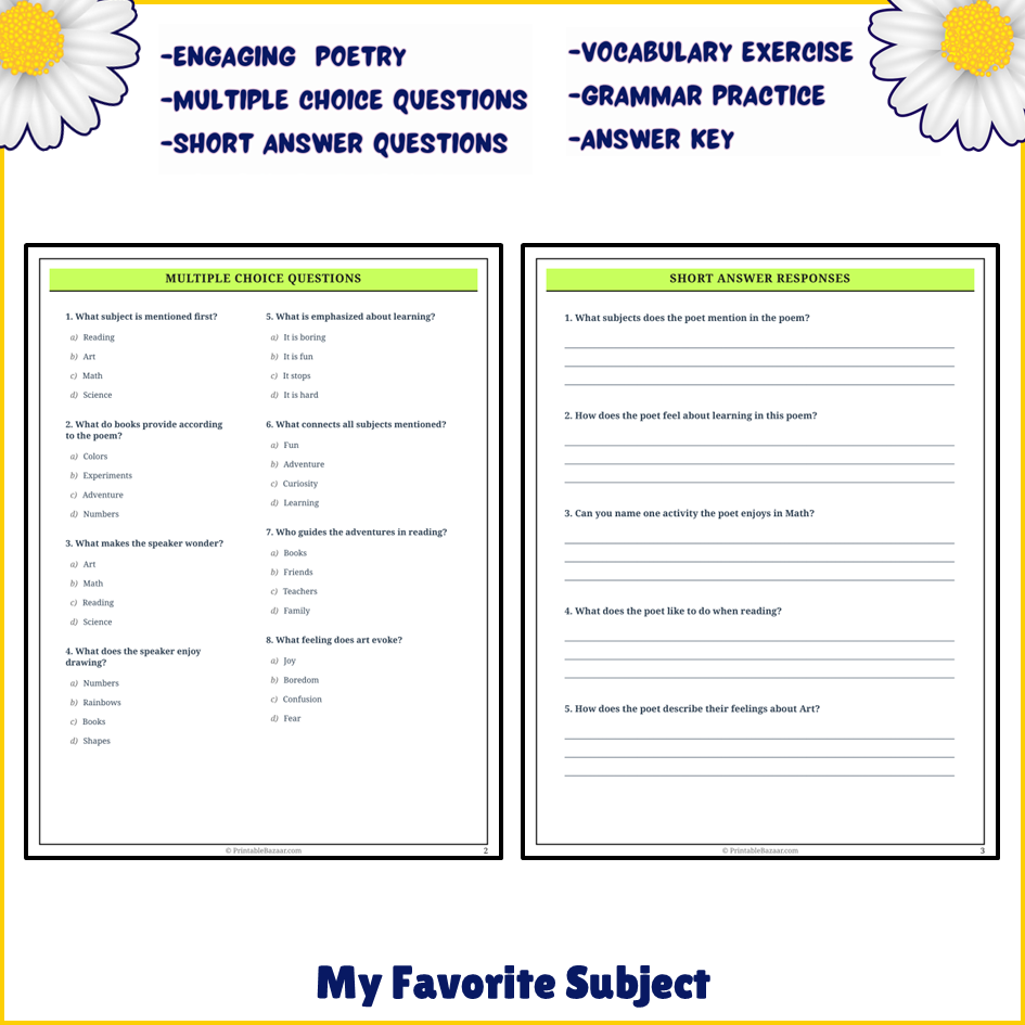 My Favorite Subject | Poem Grammar Worksheet Printable Activity