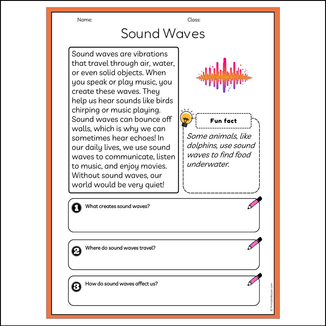 Sound Waves | Reading Passage Comprehension Questions Writing Facts Worksheet