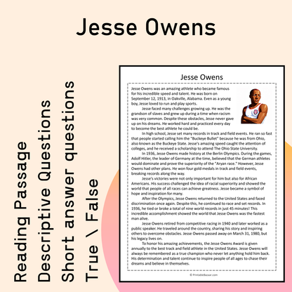 Jesse Owens | Reading Comprehension Passage Printable Activity