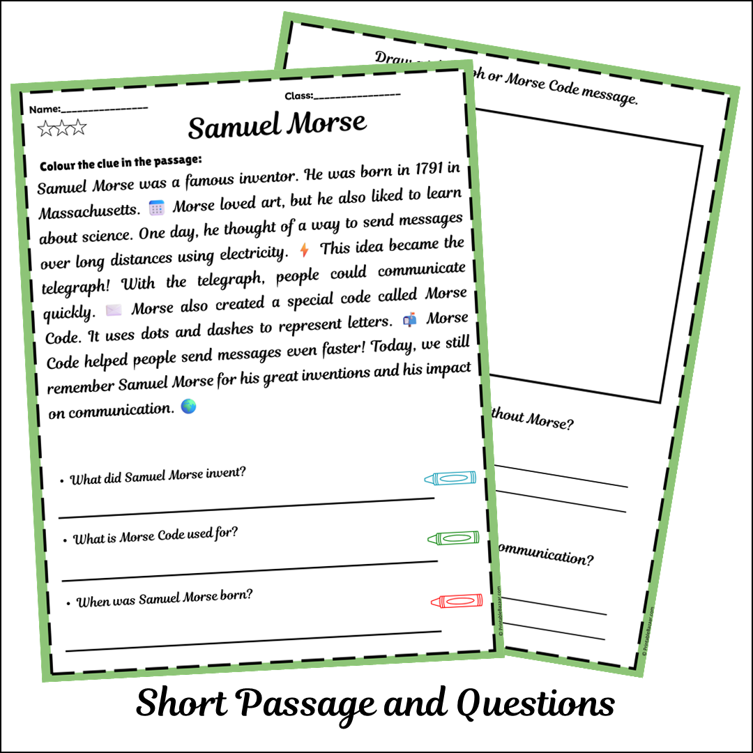 Samuel Morse | Short Reading Comprehension Creative Worksheet