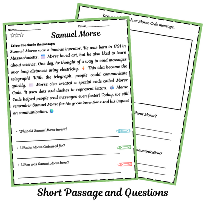 Samuel Morse | Short Reading Comprehension Creative Worksheet