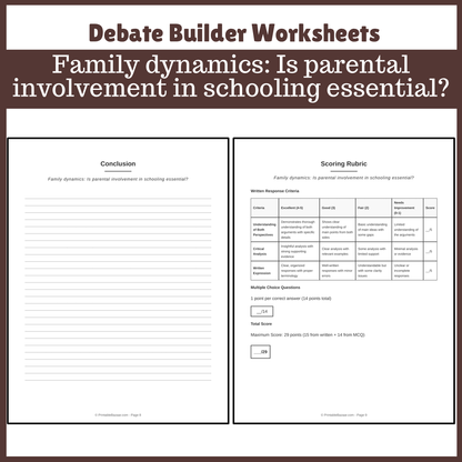 Family dynamics: Is parental involvement in schooling essential? | Favour and Against Worksheet Printable Activity