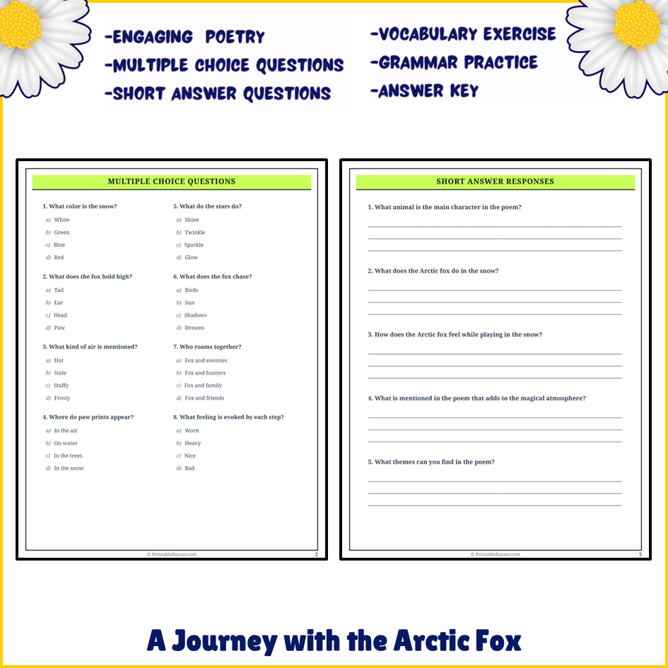 A Journey with the Arctic Fox | Poem Grammar Worksheet Printable Activity