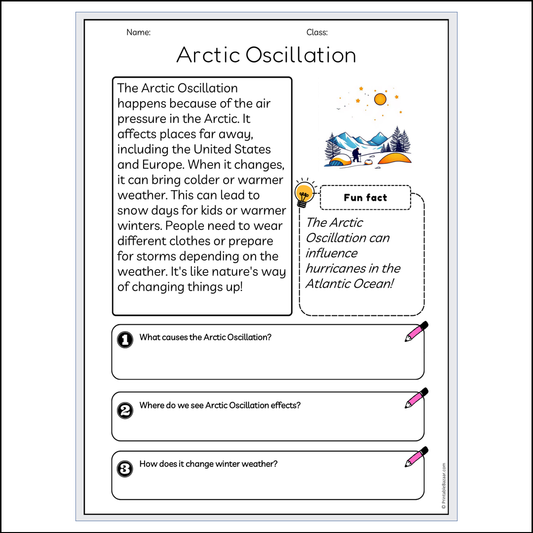 Arctic Oscillation | Reading Passage Comprehension Questions Writing Facts Worksheet