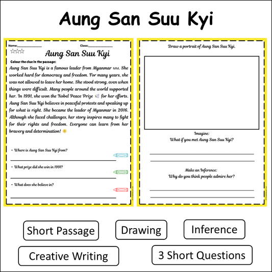 Aung San Suu Kyi | Short Reading Comprehension Creative Worksheet