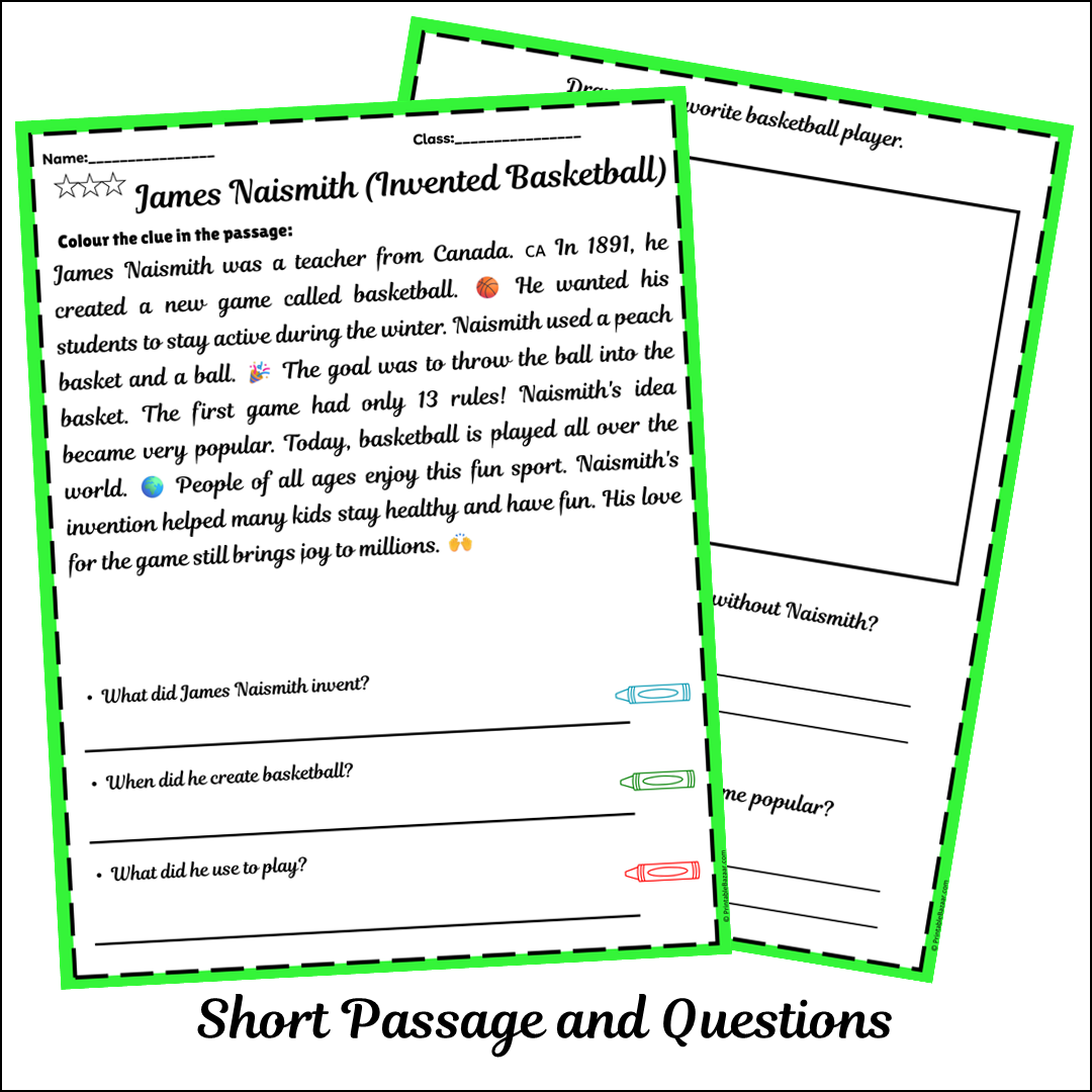 James Naismith (Invented Basketball) | Short Reading Comprehension Creative Worksheet