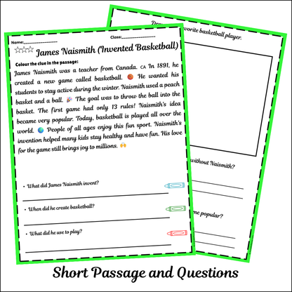 James Naismith (Invented Basketball) | Short Reading Comprehension Creative Worksheet