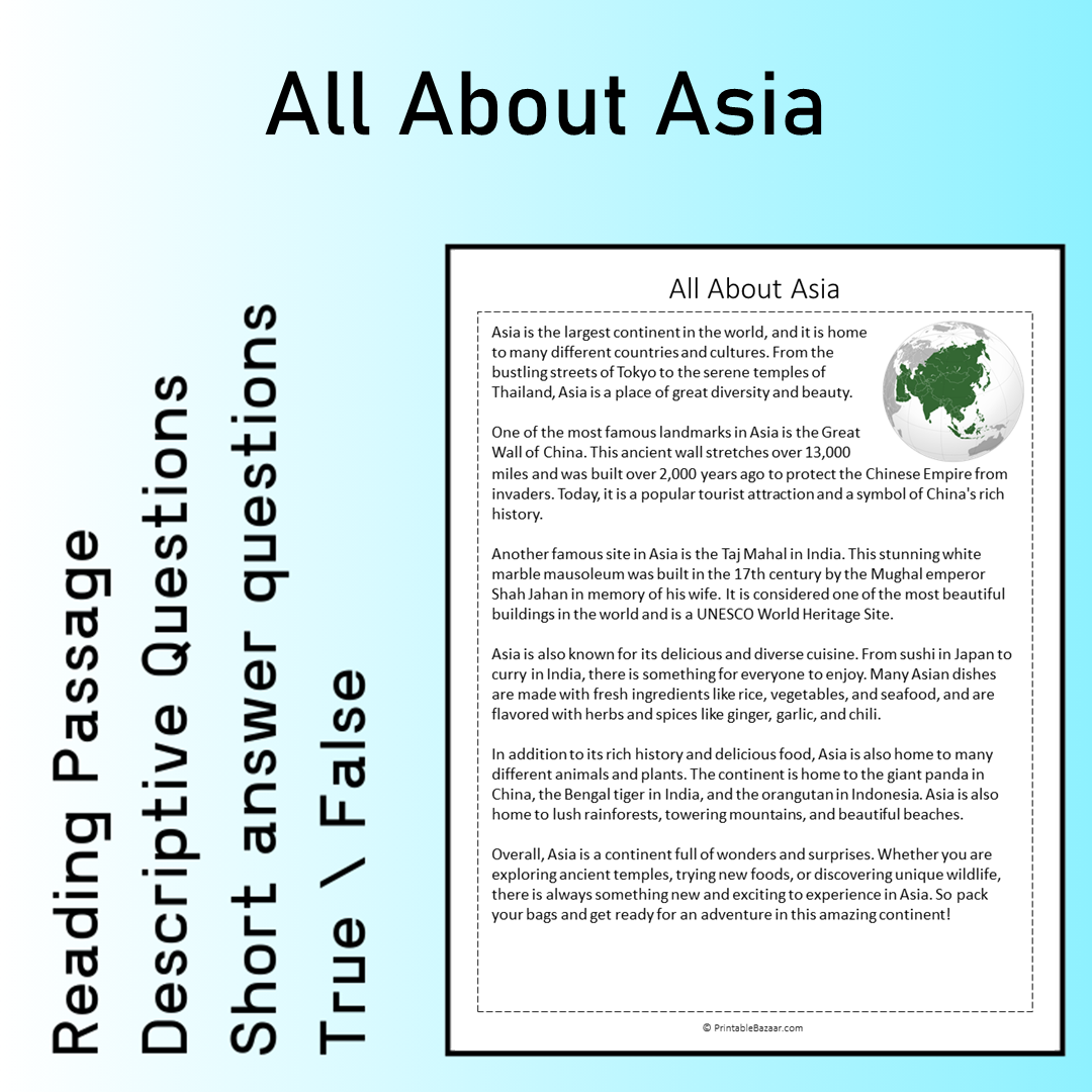 All About Asia | Reading Comprehension Passage Printable Worksheet