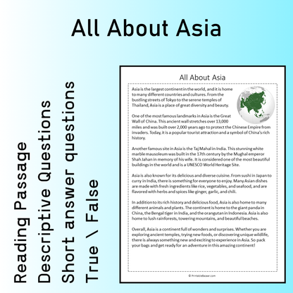 All About Asia | Reading Comprehension Passage Printable Worksheet