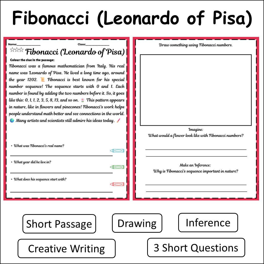 Fibonacci (Leonardo of Pisa) | Short Reading Comprehension Creative Worksheet